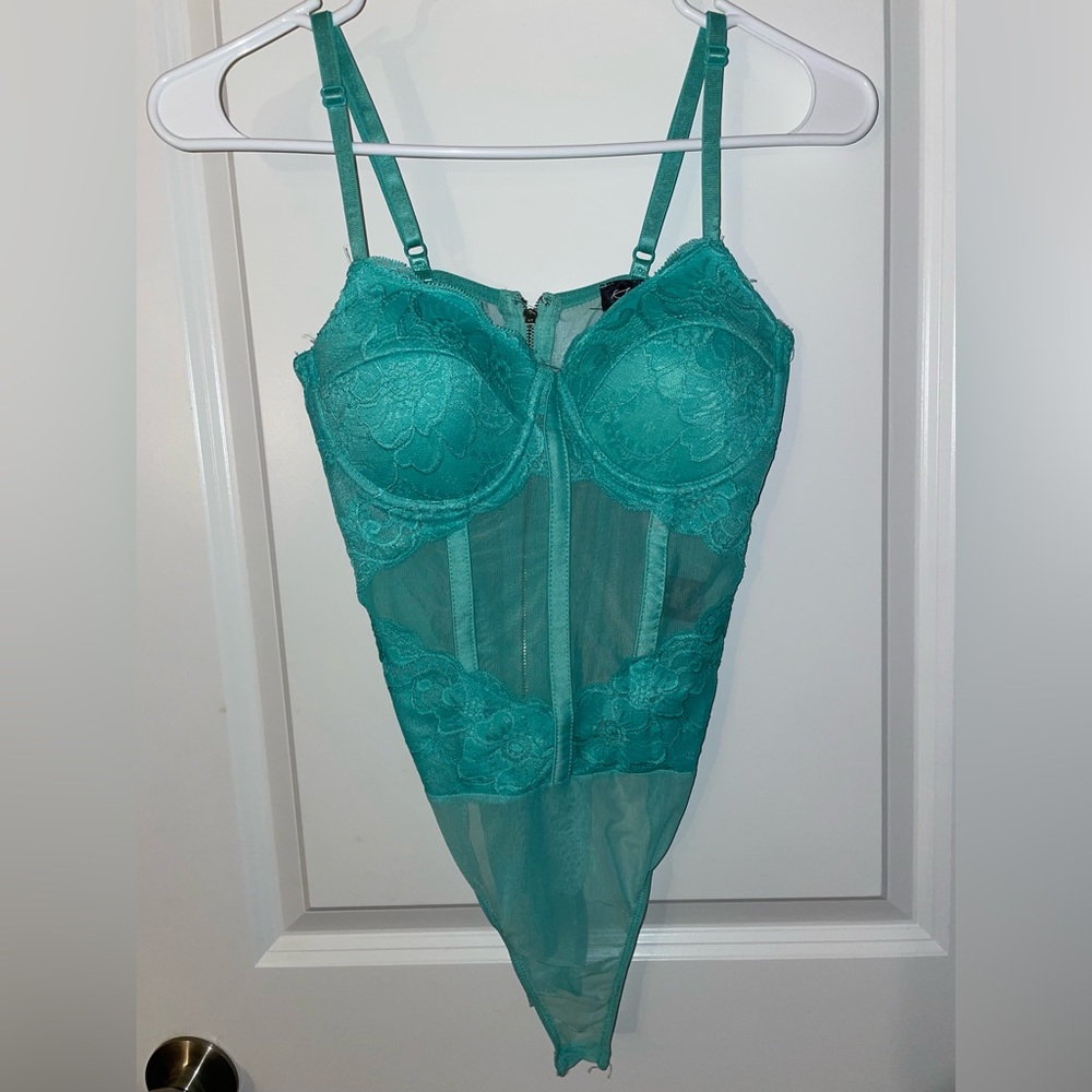 Teal Blue One Piece Padded Body Suit “Snap Crotch” With Lace